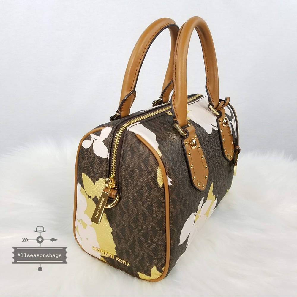 NWT Michael Kors Small Aria Satchel Brown Floral - Picture 3 of 7